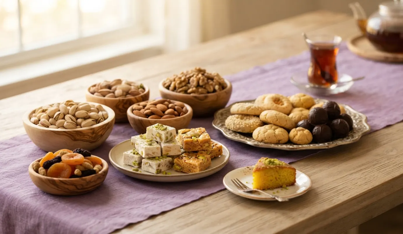 انواع شیرینی، گز، سوهان و آجیل روی میز پذیرایی